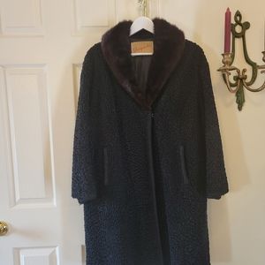 AN ELSA SCHIAPARELLI BLACK PERSIAN LAMBSWOOL COAT WITH A BROWN MINK COLLAR 1950'